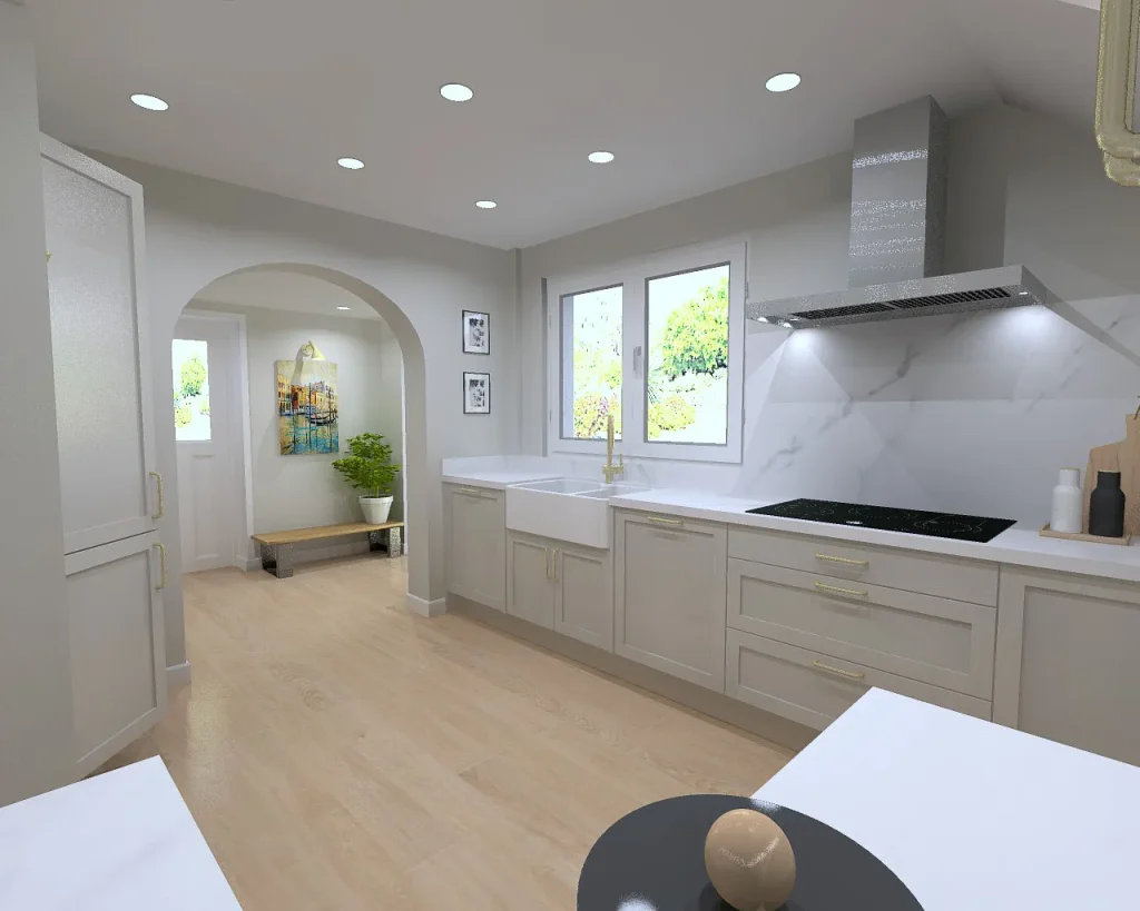 3D design of a kitchen with shaker units, a Belfast sink, marble-effect splashback and brushed-gold handles