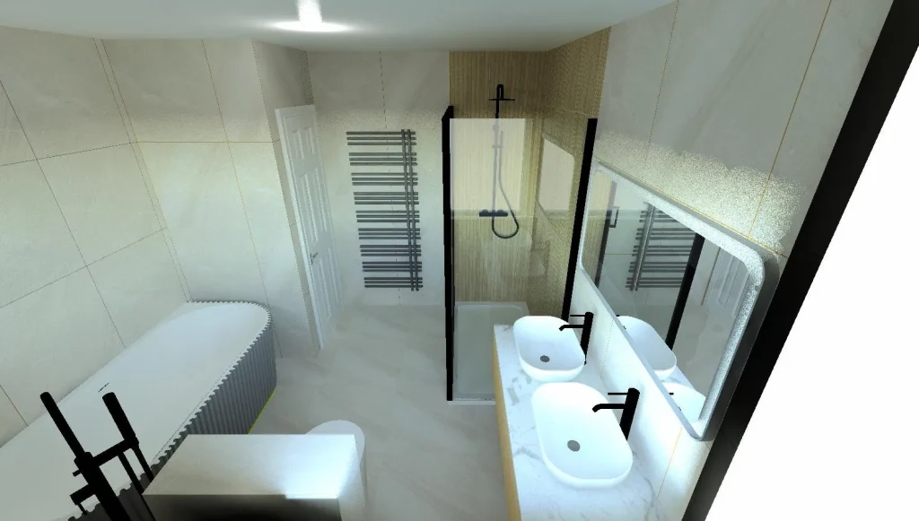 3D visual of a bathroom design with fluted bath, walk-in shower and double vanity