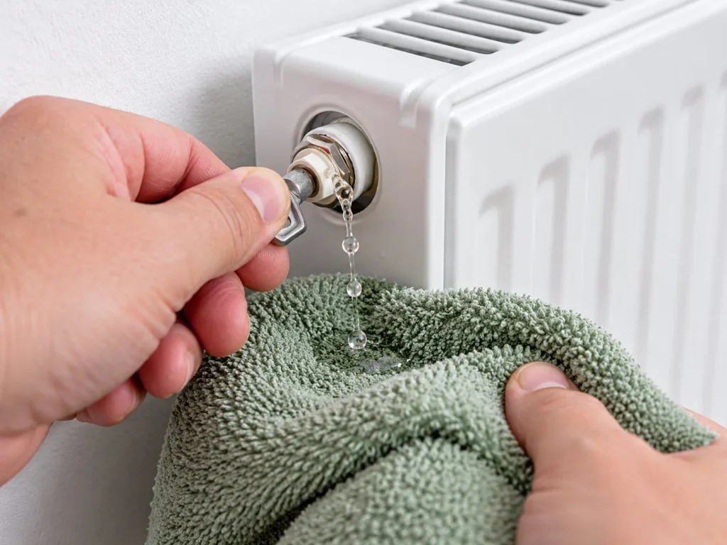 Radiators cold at the top or bottom? What it means and how to fix it 2 Bleeding a radiator with a radiator key, with a cloth held under the valve to catch the water