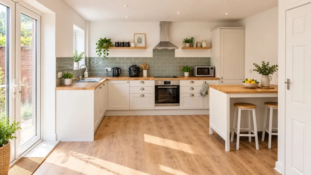 Bright finished kitchen with white shaker units, oak worktops, sage green tiles and an island
