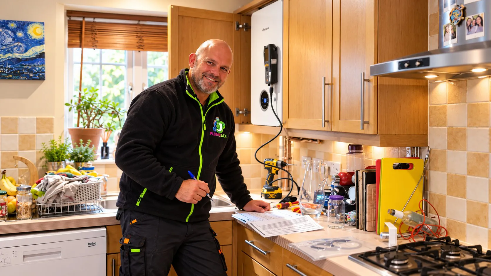 Jacques from PlumbJax completing a landlord gas safety check and boiler service in a kitchen