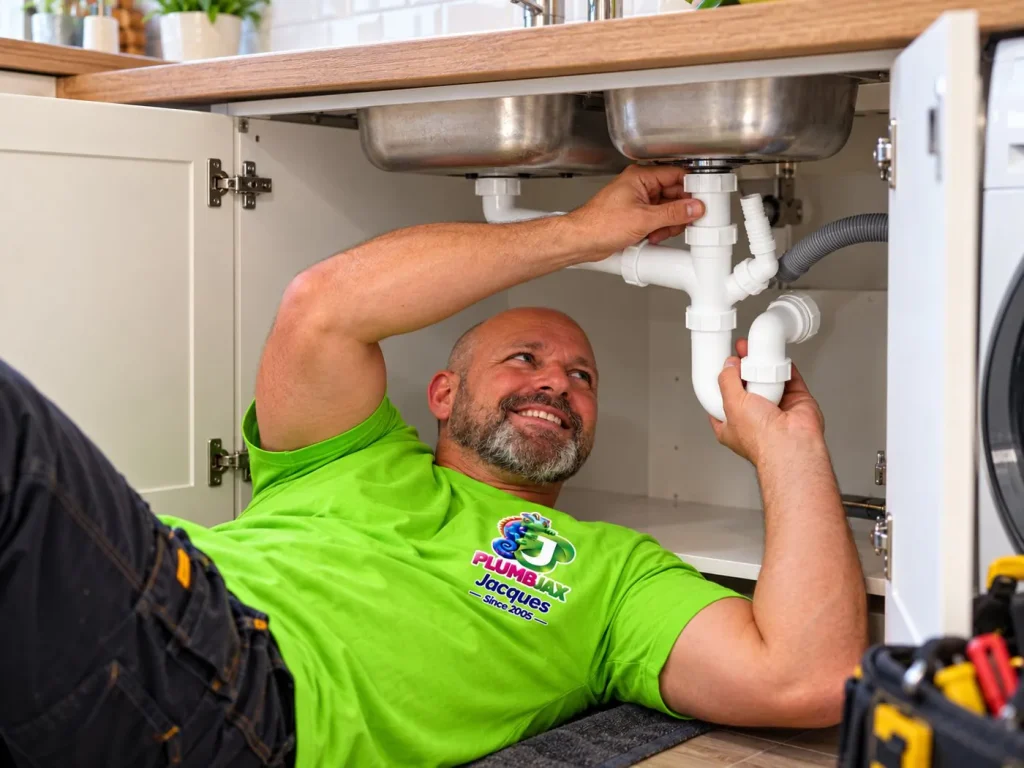 Jacques from PlumbJax fitting a new trap under a kitchen sink