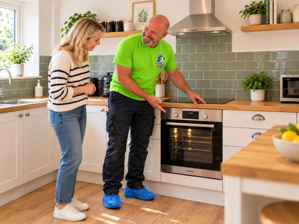 Jacques from PlumbJax, in overshoes, handing over a finished kitchen to a customer