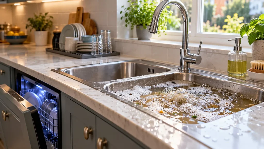 Kitchen sink filling with dirty water and bubbles next to a running dishwasher