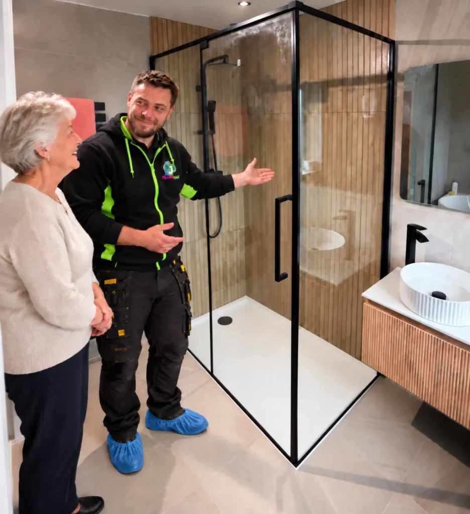 PlumbJax engineer in overshoes showing a customer her finished bathroom and new walk-in shower