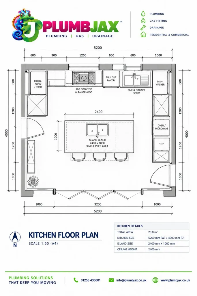 PlumbJax kitchen floor plan drawing with dimensions, island and appliance positions