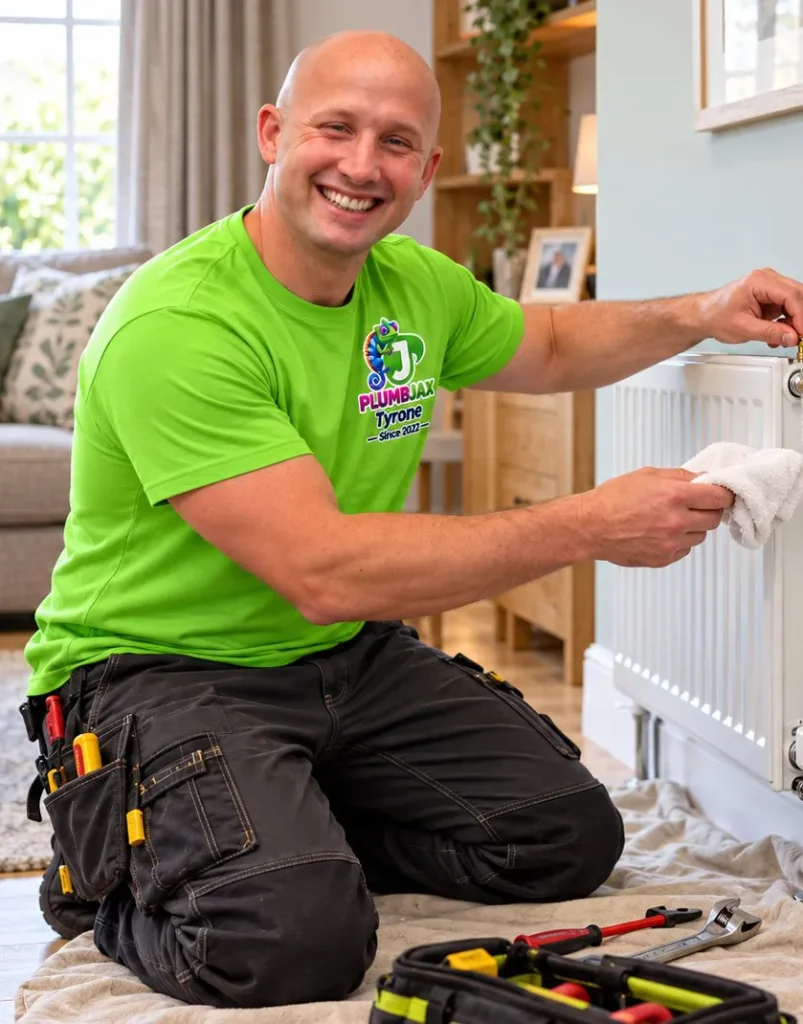 Tyrone from PlumbJax working on a radiator in a living room