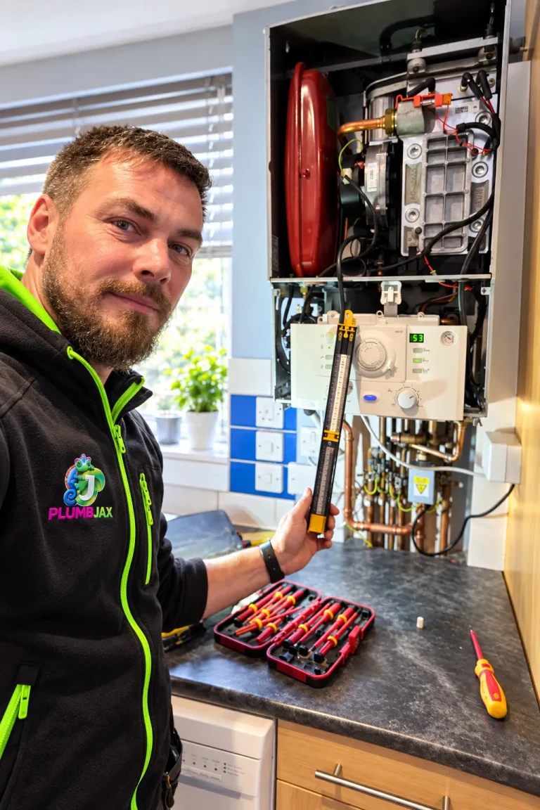 Wojtek from PlumbJax testing an opened-up boiler with a manometer